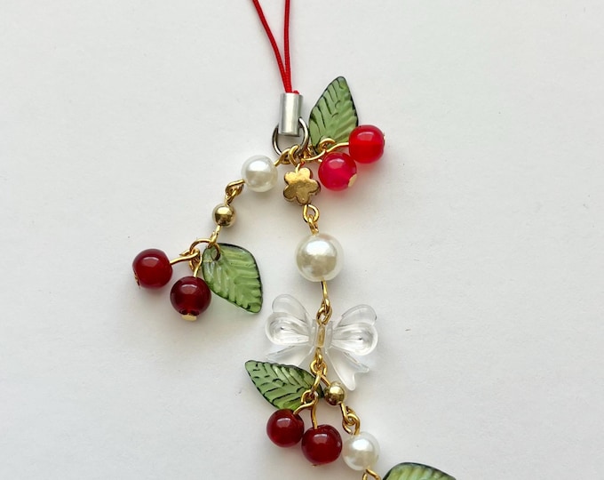 Phone Charm Handmade Cherry Fruit Themed - Red Gold Coquette Trendy Cottagecore Fairycore Aesthetic Birthday Gift for Her