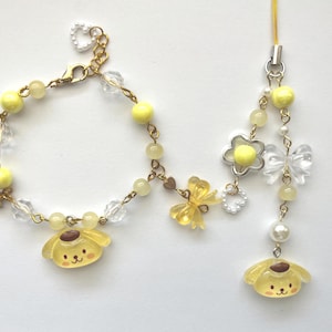 Charm y pulsera para teléfono Pompompurin de Sanrio (morado), regalo para ella, Y2K, estética, coqueta, regalo de cumpleaños, hecho a mano, moderno, kawaii.