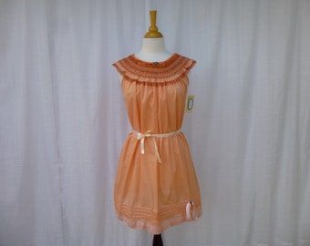Dress Nightie S M Orange Peach Rose Glam Garb Handmade USA Hand-Dyed Retro Cotton Ruffle Nightgown Romantic Boudoir Lolita Feminine Nightie