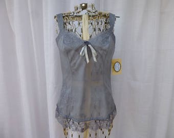 Camisole P 32 XS S Silver Grey Glam Garb Handmade USA Hand-Dyed Vintage Chemise Retro Lace Romantic Lacy Extender Undergarment Feminine Top