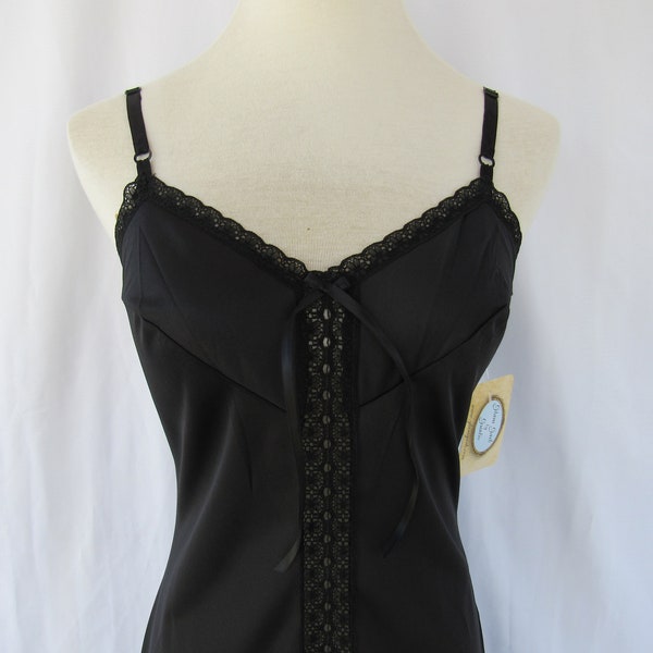 Slip Dress 32 34 S Midnight Black Noir Glam Garb Handmade USA Vintage Full-Slip Retro Undergarment Victorian Feminine Gothic Boudoir