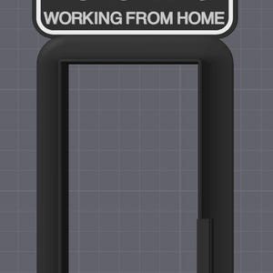 May include: A black and white sign with the text "NO SOLICITING DO NOT KNOCK DO NOT RING WORKING FROM HOME" above a black rectangular frame. The sign is designed to be placed on a door.