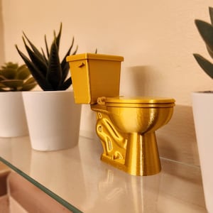 May include: A gold-colored miniature toilet figurine. The toilet is displayed on a glass shelf, with potted succulents in the background. The figurine has a detailed design, including a tank, seat, and bowl.
