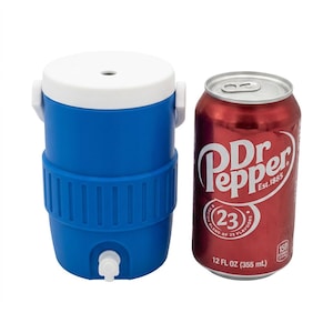May include: A blue and white cooler with a spigot next to a can of Dr. Pepper. The cooler has a white lid and a blue body with a ribbed design. The Dr. Pepper can is red with white text and is 12 fl oz (355 mL).