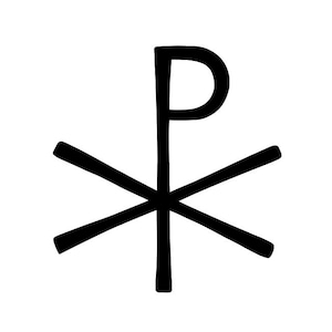 May include: A black and white symbol with a cross and a letter P.