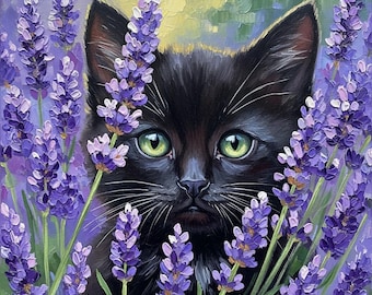May include: A square oil painting of a black cat with bright green eyes peering through purple lavender flowers. The cat's fur is glossy, and the lavender is in full bloom, creating a vibrant and detailed floral portrait.