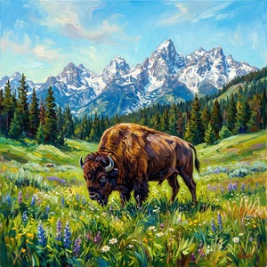 May include: An oil painting of a brown bison standing in a vibrant meadow filled with purple lupine and white wildflowers. In the background, a dense forest of green pine trees sits beneath a range of tall, snow-capped mountains under a blue sky.