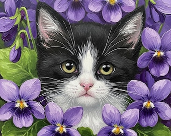 May include: A painting of a black and white kitten surrounded by purple violets. The kitten has large, expressive eyes and a pink nose. The violets have purple petals and yellow centers, set against a green background.