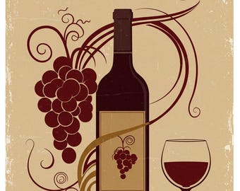 May include: A vintage-style poster with the word "VINO" in large, bold letters. The poster features a bottle of wine, a glass of wine, and a bunch of grapes, all set against a background of swirling vines.