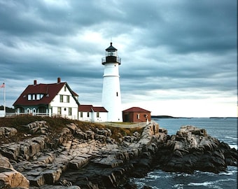 May include: A white lighthouse with a black lantern room stands tall on a rocky coastline under a cloudy sky. A red-roofed building and a small red structure are adjacent to the lighthouse. The ocean waves crash against the rocks.