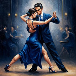 Puede incluir: Pintura al óleo de una pareja bailando tango. La mujer lleva un vestido azul sin espalda y tacones a juego. El hombre viste un traje azul y corbata. El fondo muestra una habitación con poca luz con otras figuras.