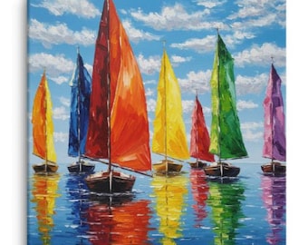 May include: Oil painting of sailboats with colorful sails. The sails are various colors, including yellow, orange, red, blue, green, and purple. The boats are on a blue sea with reflections of the sails. The sky is blue with white clouds.