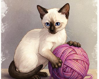 Siamesische Kätzchen spielen mit Garn Malerei Wand Kunst digitale Datei