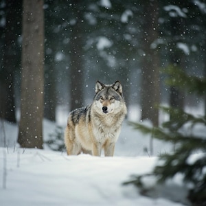 Può includere: Un lupo grigio è in piedi in una foresta innevata, la sua pelliccia è un misto di grigio, nero e beige. I fiocchi di neve cadono intorno al lupo e lo sfondo presenta alberi sfocati. Il lupo guarda direttamente lo spettatore.