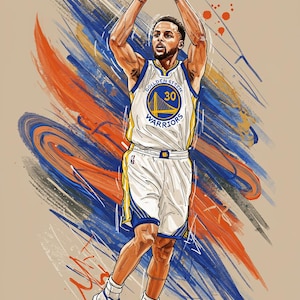Puede incluir: Una ilustración digital de un jugador de baloncesto que lleva una camiseta blanca con detalles azules y amarillos. La camiseta tiene el texto "Golden State" y "Warriors", junto con el número "30". El jugador está en el aire, lanzando una pelota de baloncesto. El fondo es un diseño abstracto azul y naranja.