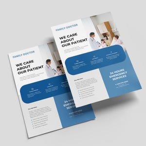 May include: Two blue and white flyers for a family doctor's office. The flyers have the text "WE CARE ABOUT OUR PATIENT" and list services such as general check-ups, vaccinations, and lab testing. The flyers also include a phone number for 24-hour emergency services.