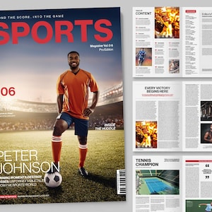 Könnte beinhalten: Ein Magazin-Cover mit dem Titel "SPORTS" in großen roten Buchstaben. Das Cover zeigt einen Fußballspieler in einem orangefarbenen Trikot und blauen Shorts, der auf einem Fußballfeld mit einem Fußball steht. Das Magazin enthält auch Artikel über Sport.