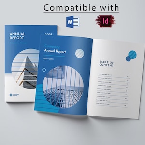 Annual Report Template  | InDesign & MS Word Compatible | Professional Company Report | Blue White Design | Instant Download