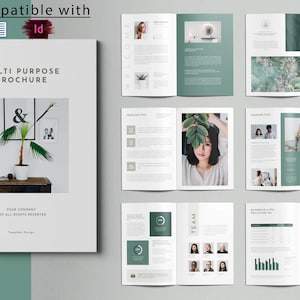May include: A multi-page brochure template with a white cover featuring the text "MULTI PURPOSE BROCHURE" and a decorative plant. The brochure's interior pages have a green and white design with photos and text. The brochure is compatible with Word and InDesign.