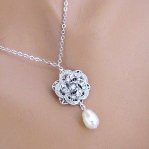 Rhinestone Rose Wedding Necklace: Teardrop Pearl Bridal Jewelry, Crystal Pendant, ROSELANI