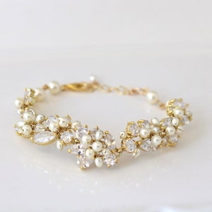 Bridal Gold Pearl Statement Bracelet: Cubic Zirconia Wedding Jewelry, Rachael