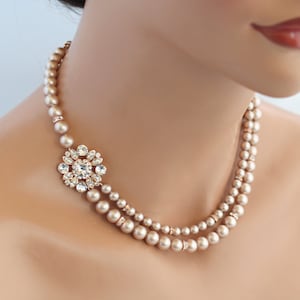 Rose Gold Pearl Wedding Necklace: Rhinestone Bridal Jewelry, Pearl Bridal Jewelry, Colleen