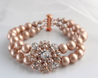 Rose Gold Rhinestone Pearl Bracelet, Wedding Bridal Jewelry, Rhinestone Pearl Bracelet, Rose Gold Wedding Jewelry, pearl bracelet, COLLEEN