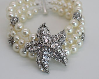 bridal Pearl Bracelet, starfish bracelet, wedding Rhinestone Bracelet, destination Wedding bracelet, Statement Bracelet, pearl cuff, ARIEL