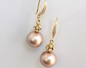 Gold Pearl Drop Earrings: Rhinestone Bridal Dangle, Champagne Pearls, Claire