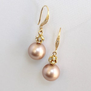 Gold Pearl Drop Earrings: Rhinestone Bridal Dangle, Champagne Pearls, Claire