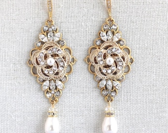 Wedding pearl earrings, gold crystal earrings, Bridal dangle pearl drop bridal earrings chandelier, wedding rhinestone Jewelry, Roselani