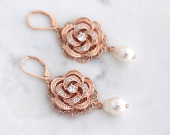 rose gold pearl earrings, wedding rhinestone earrings, bridal earrings chandelier, bridal Wedding Earrings, bridal pearl jewelry, SURI