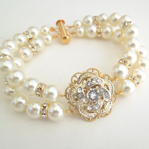 Gold Bridal Pearl Bracelet: Rhinestone Rose Wedding Jewelry, ROSELANI