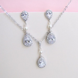 Teardrop Cubic Zirconia Bridal Jewelry Set: Sterling Silver Earrings & Necklace AUDREY