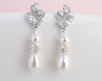 Bridal Earrings, bridal pearl earrings, wedding Rhinestone earrings, bridal Earrings Chandelier, statement earrings, bridal jewelry, JAY