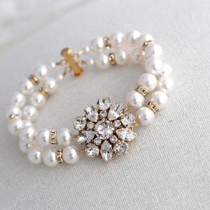 Gold Pearl Bridal Bracelet: Rhinestone Flower, Vintage Wedding, Savannah