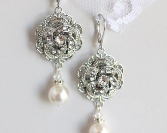 pearl earrings bridal, wedding Rhinestone Earrings, bridal earrings Chandeliers, pearl earrings dangle, statement earrings, pearl, ROSELANI
