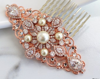 Rose Gold Cubic Zirconia Hair Comb, Wedding Hair Accessory, Bridal Hair Comb, pearl hair comb, Wedding Hairpiece, Wedding Headpiece, ARLENE