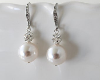 Bridal pearl Earrings, wedding rhinestone earrings, bridal earrings chandelier, pearl earrings, rhinestone earrings, bridal jewelry, CLAIRE