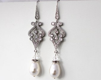 pearl drop wedding earrings, bridal pearl earrings, wedding pearl earrings, bridal earrings chandelier, wedding rhinestone earrings, LUNA