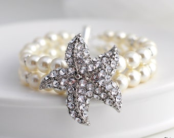 bridal Pearl Bracelet, wedding rhinestone bracelet, star fish bracelet, bridal bracelet, pearl bracelet, destination Wedding bracelet, ARIEL
