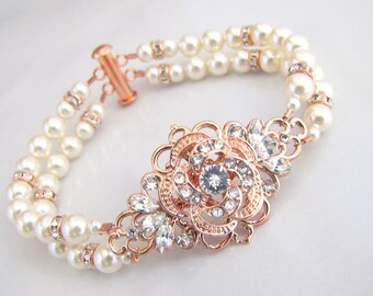 Rose Gold Pearl Rhinestone Bracelet, Wedding Jewelry, Bridal Bracelet, Wedding Bride Bracelet, Rose Gold Pearl Rhinestone Jewelry,  ROSELANI