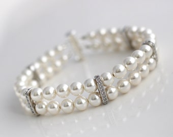 pearl bracelet, bridal bracelet, pearl rhinestone bracelet, wedding pearl bracelet, rhinestone bracelet, crystal bridal bracelet, FRANCESCA
