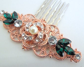 rose gold Hair Comb, Bridal Hair Comb, wedding hair accessories, hair comb vintage, wedding hair comb, bridesmaid hair comb, green, ROSELANI