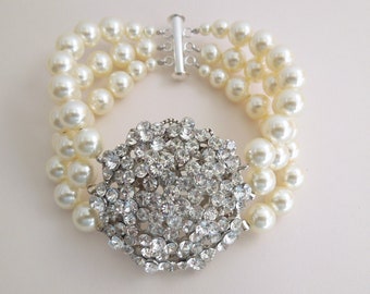 bridal pearl bracelet, bridal bracelet wedding jewelry, wedding rhinestone bracelet, statement bracelet, crystal bridal bracelet, VANESSA
