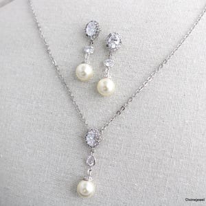 Bridal Cubic Zirconia Jewelry Set: Pearl Drop Necklace and Earrings, Bridesmaid Jewelry, EJA