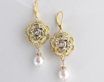 bridal Pearl earrings, Wedding rhinestone Earrings, bridal Earrings Chandeliers, pearl earrings, bridal earrings, vintage style, ROSELANI