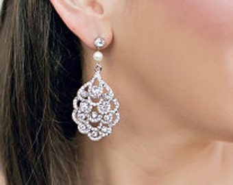 bridal pearl earrings, bridal earrings chandelier, wedding rhinestone earrings, bridal earrings, statement earrings, pearl earrings, SUSANE