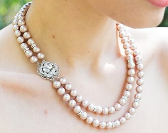 bridal pearl necklace, wedding necklace pearl, wedding rhinestone necklace, pearl necklace, rhinestone necklace, bridal necklace, ROSELANI