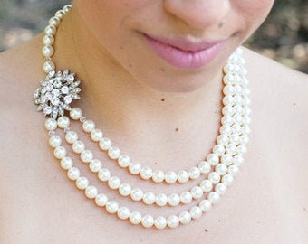 Bridal pearl necklace, wedding backdrop necklace, bridal rhinestone necklace, pearl bridal jewelry, statement necklace, bridal pearl, MIRNA